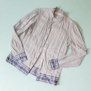 Roller Rabbit Blue Striped Ruffle Neck Embroidered Trim Shirt Size Small